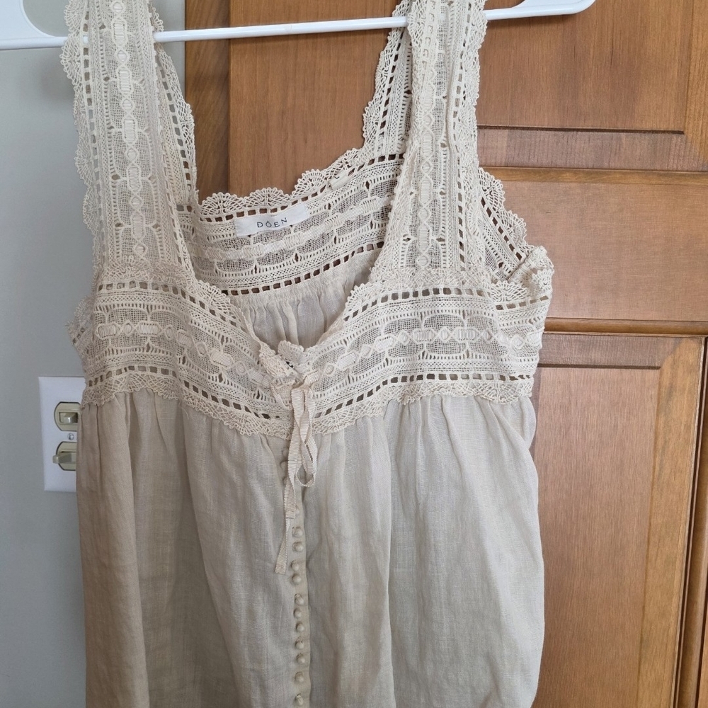 Doen Cream Crochet-Trim Linen Camisole Tank